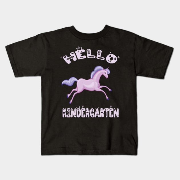 Hello Kindergarten Colorful Unicorn Back-To-School Preschool Design Kids T-Shirt by familycuteycom